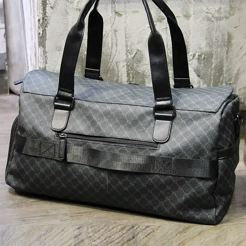 Travel and sports bag with shoe compartment in a check pattern