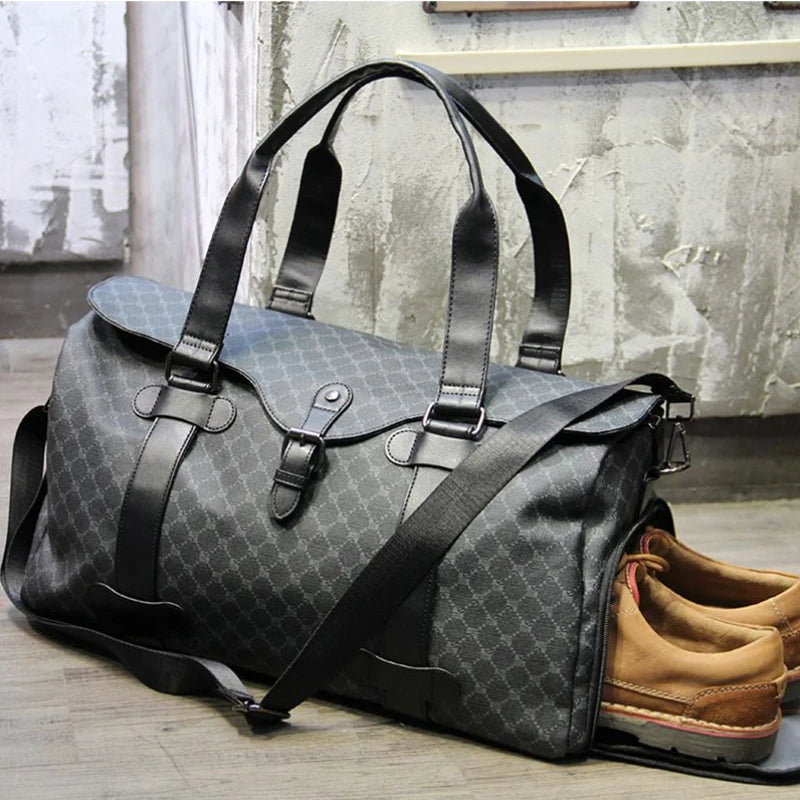 Travel and sports bag with shoe compartment in a check pattern