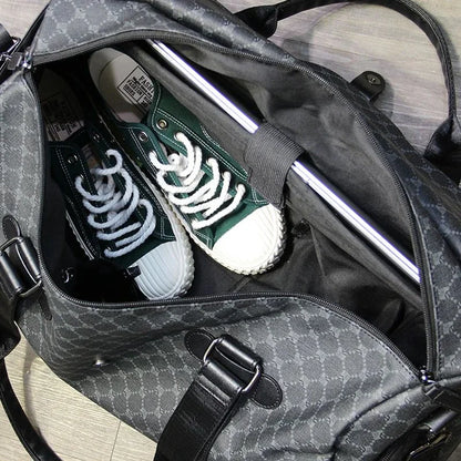 Travel and sports bag with shoe compartment in a check pattern